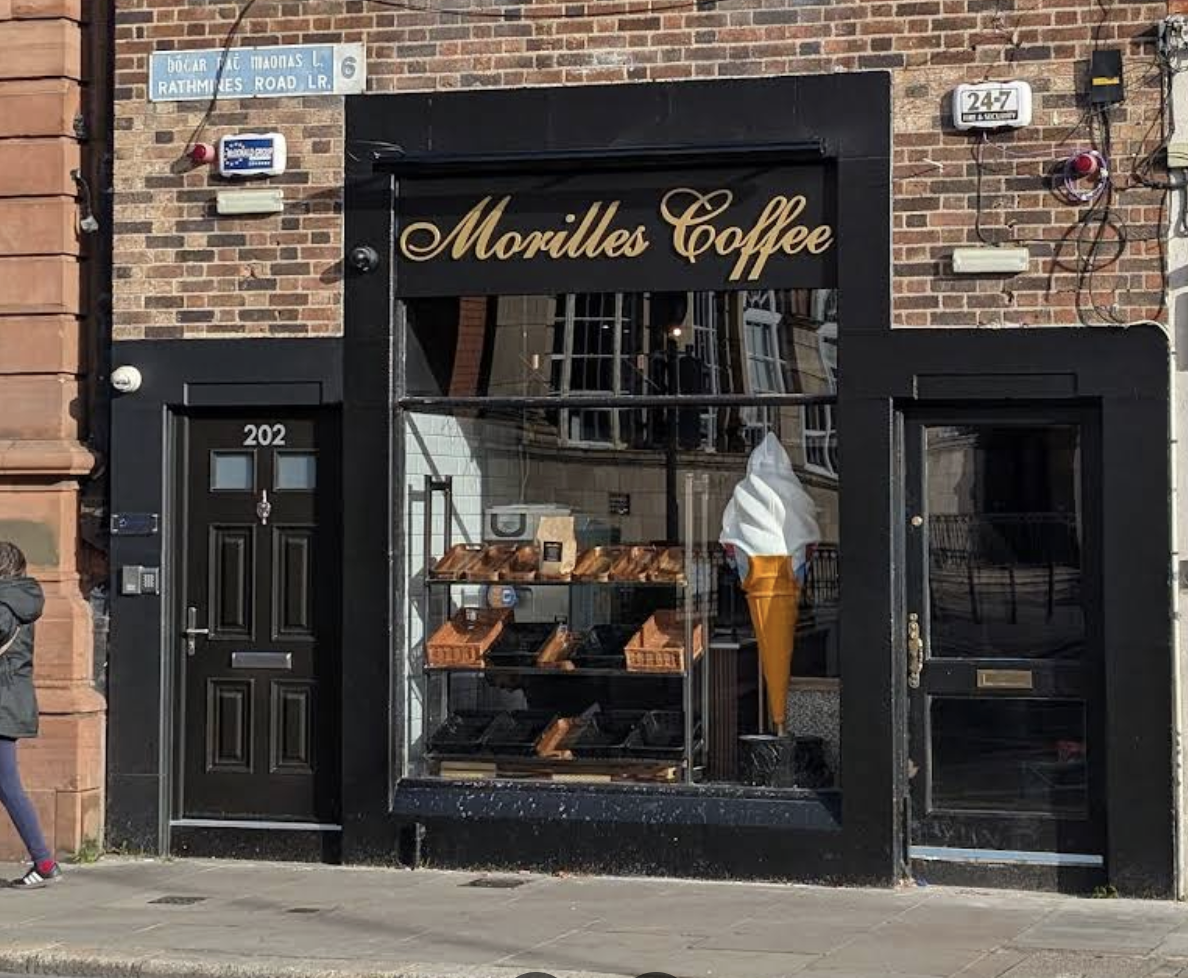 Morilles Coffee shopfront with ice cream cone display and brick exterior on Rathmines Road.